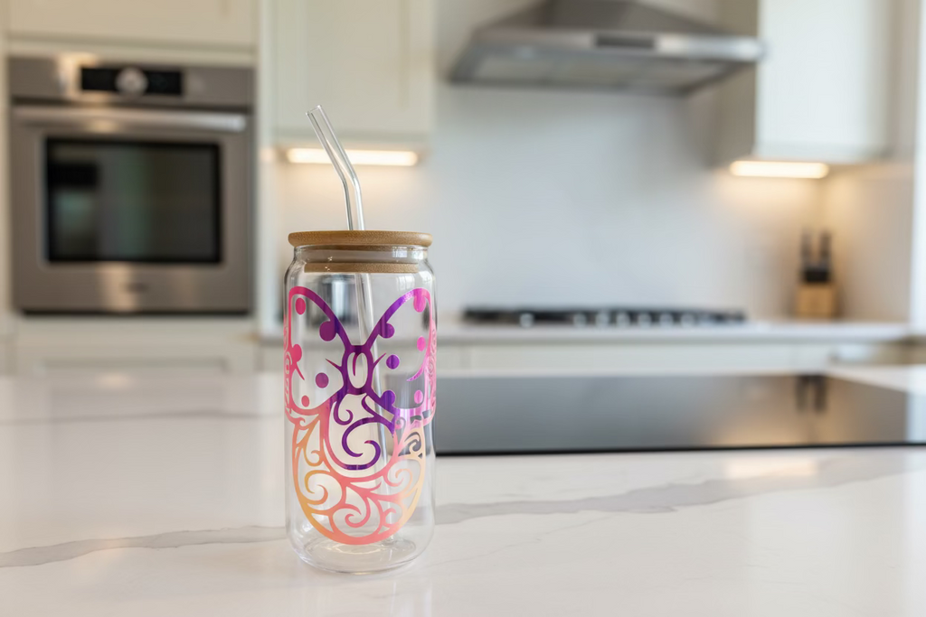 450ml Glass Cup with Straw - Mickey Mouse Design