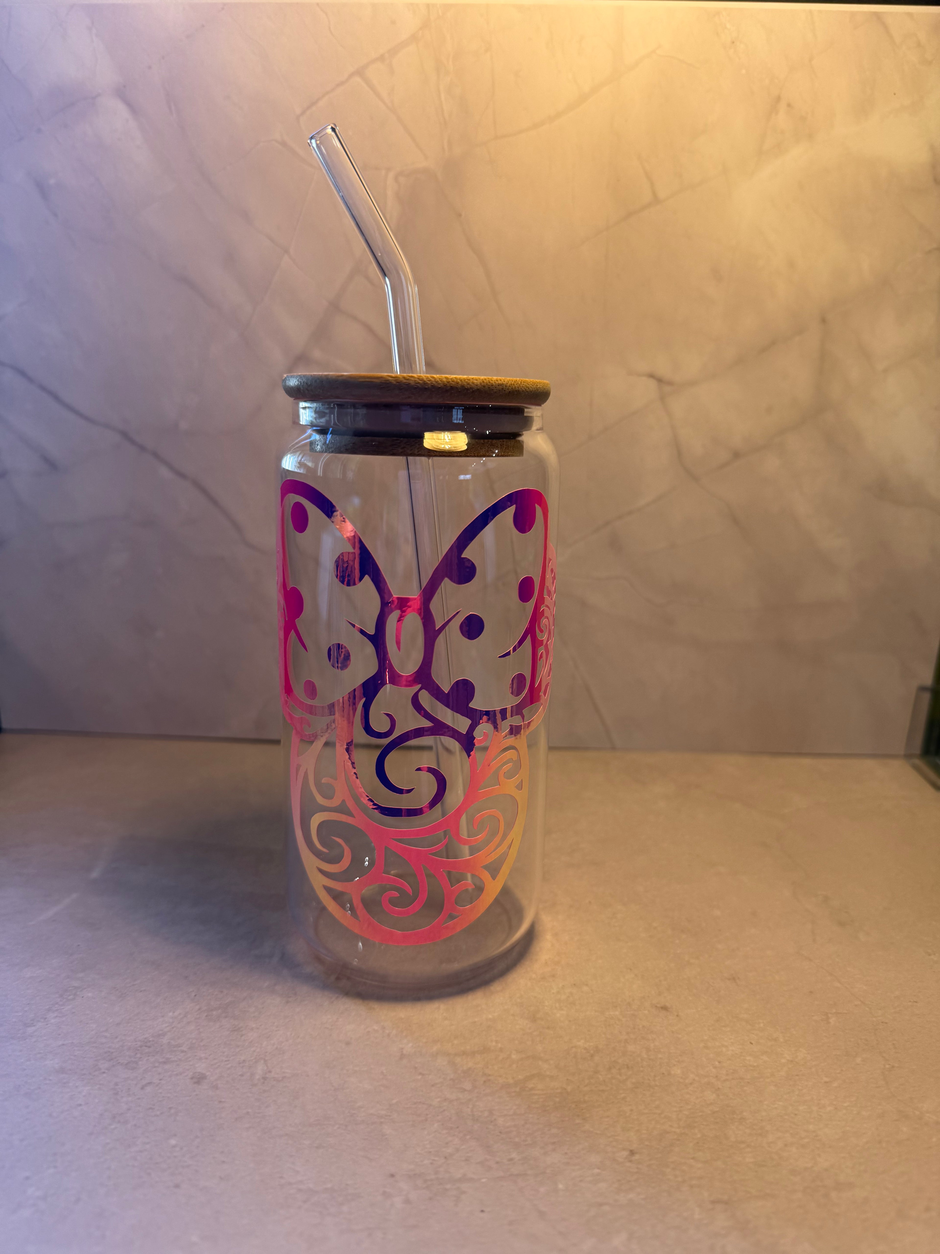 450ml Glass Cup with Straw - Mickey Mouse Design
