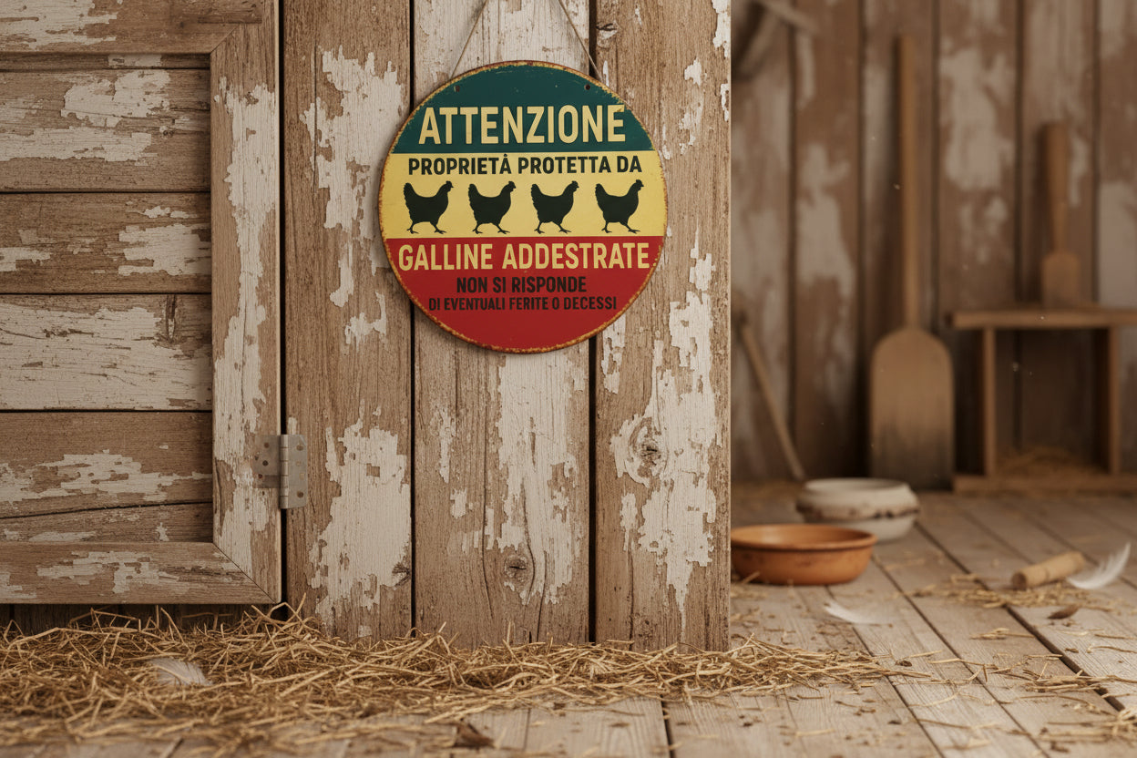 Targa Decorativa Rotonda - Attenzione Galline Addestrate